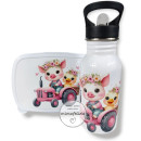 Set aus Jausenbox und Trinkflasche mit einem Traktor rosa mit Schwein und Küken bedruckt